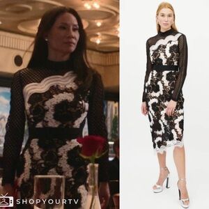 Self-Portrait Monochrome Black White Lace Asymmetric Midi Dress High Neck Size 4